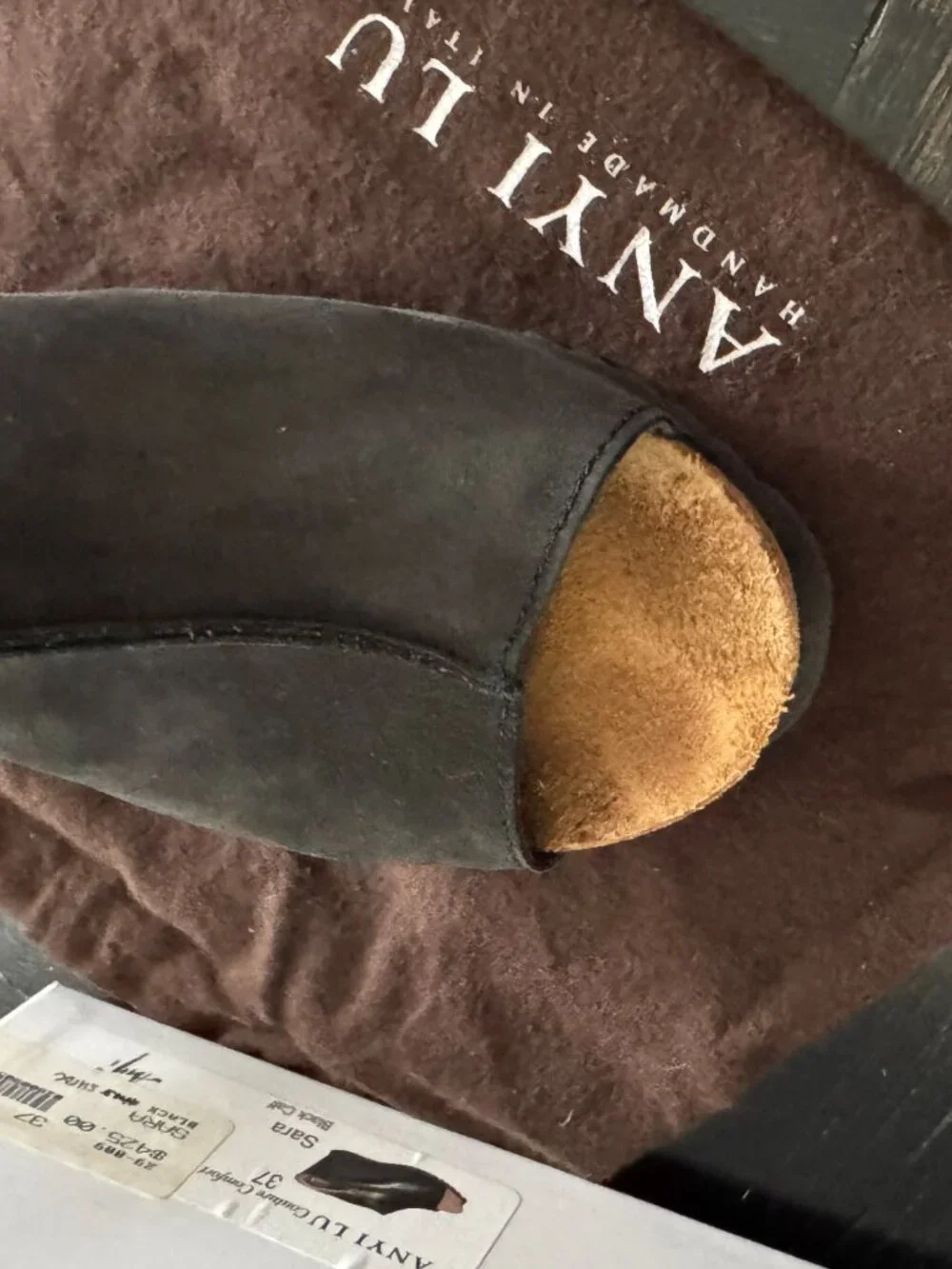 Anyi Lu Black Soft Suede Peep Toe Wedge Mules Slip On